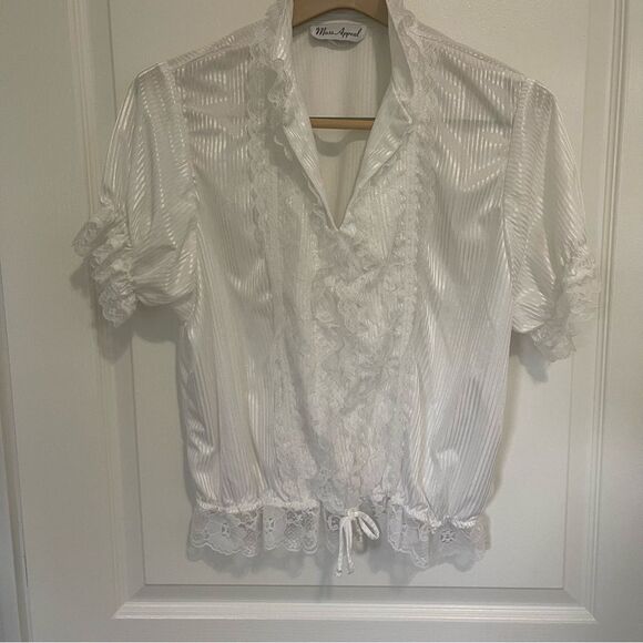 Vintage Mass Appeal Blouse Shimmer White US Large Ruffle Victorian Lace Dramatic - Picture 2 of 13